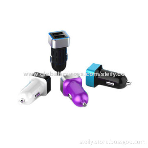 Multicolor OEM USB In-car Charger for iPhone/iPad, CE/RoHS/FCC Certified, with Fire-proofing Shell